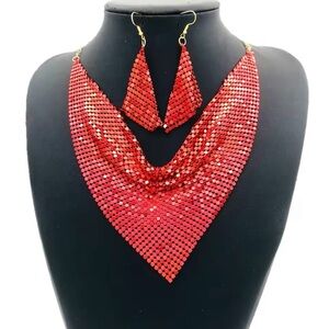 Retro Triangle Silk Red Necklace Earrings Set